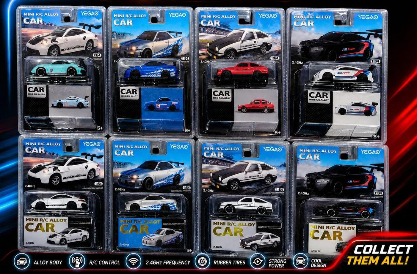 YEGAO Mini Drift 1:64 Alloy RC Car — 4 Models × 2 Colours, 8 Blisters — view 1