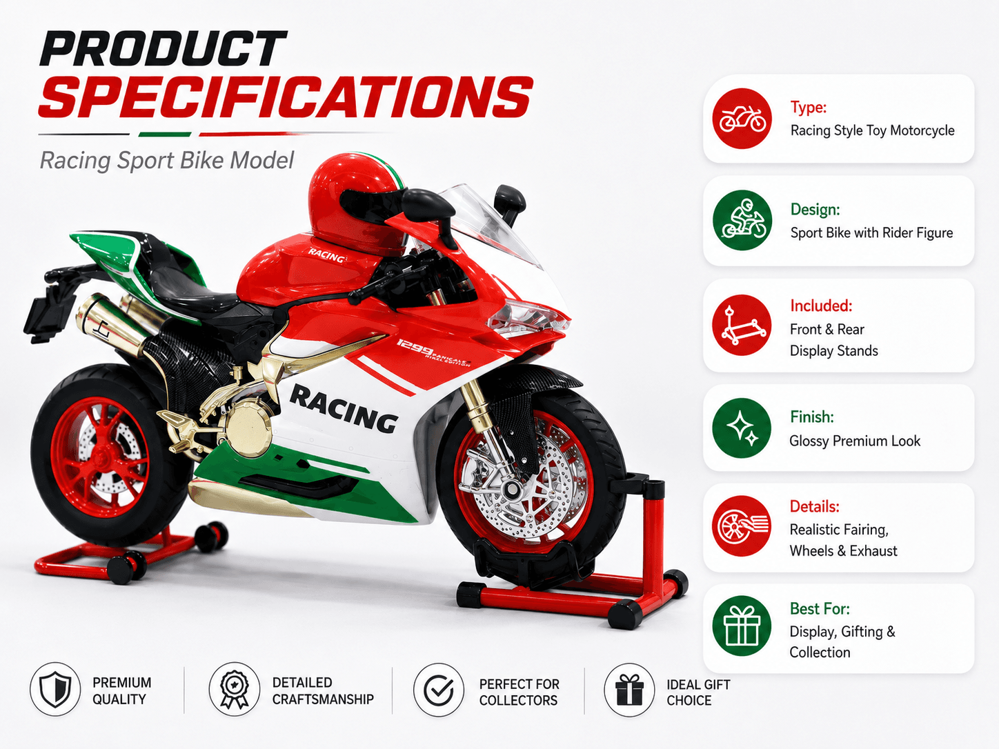 PLUSPOINT Diecast Ducati 1299 Panigale Motorcycle 1:9 — Red/White/Green