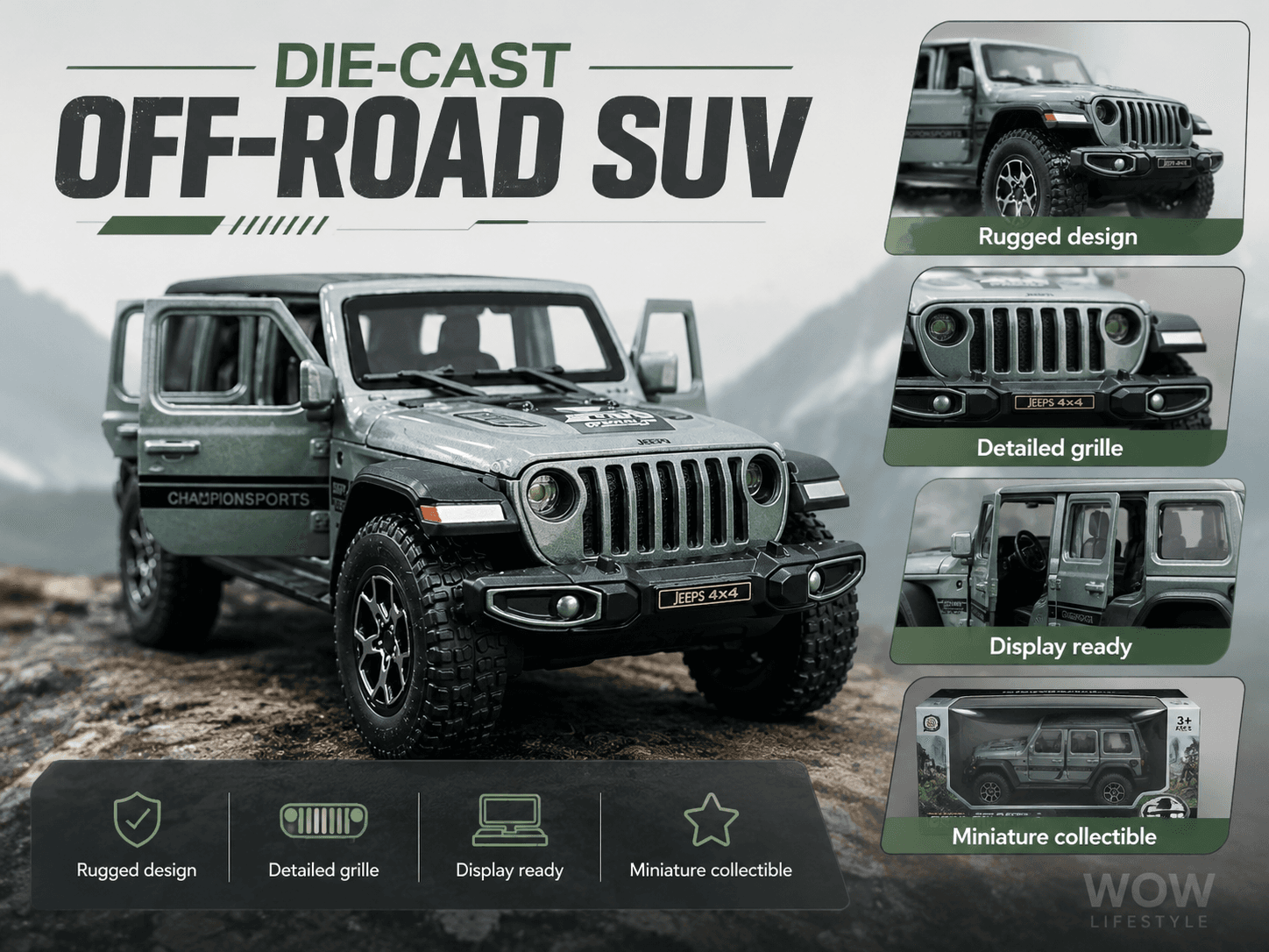 4x4 Off-Road Diecast SUV — Sage Green, Opening Doors