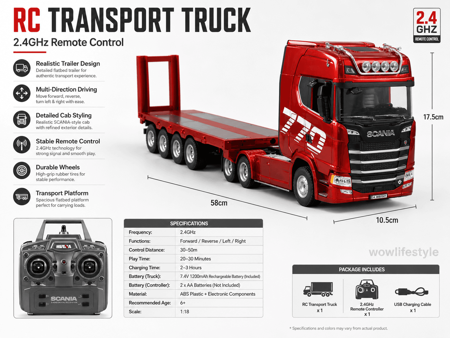 Huina 1501 Scania 770S 1:18 RC Tractor + Flatbed Trailer – 19CH, RTR — view 7