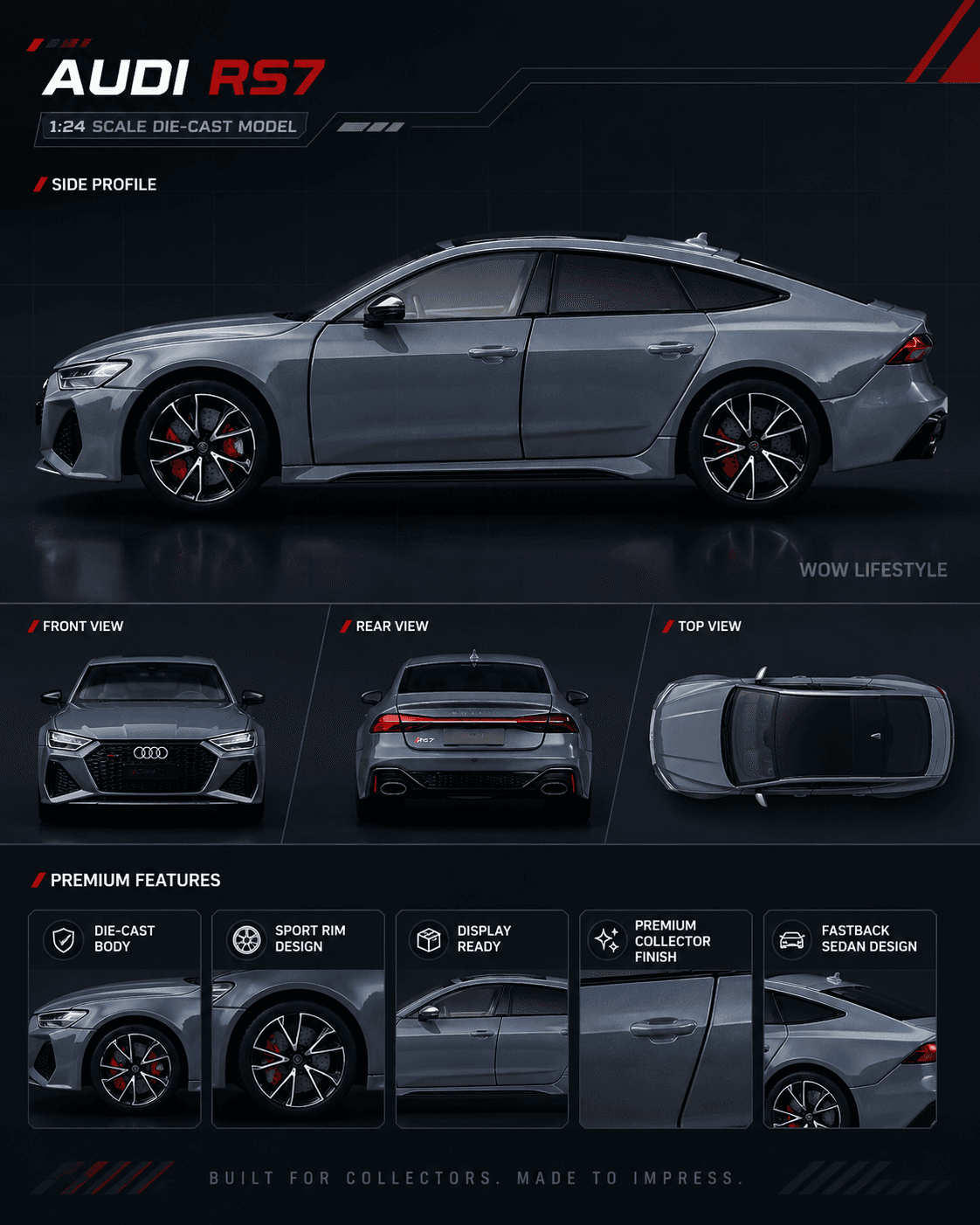 Xinhaodi HCM Audi RS7 Flash Edition 1:24 Die-Cast — Grey