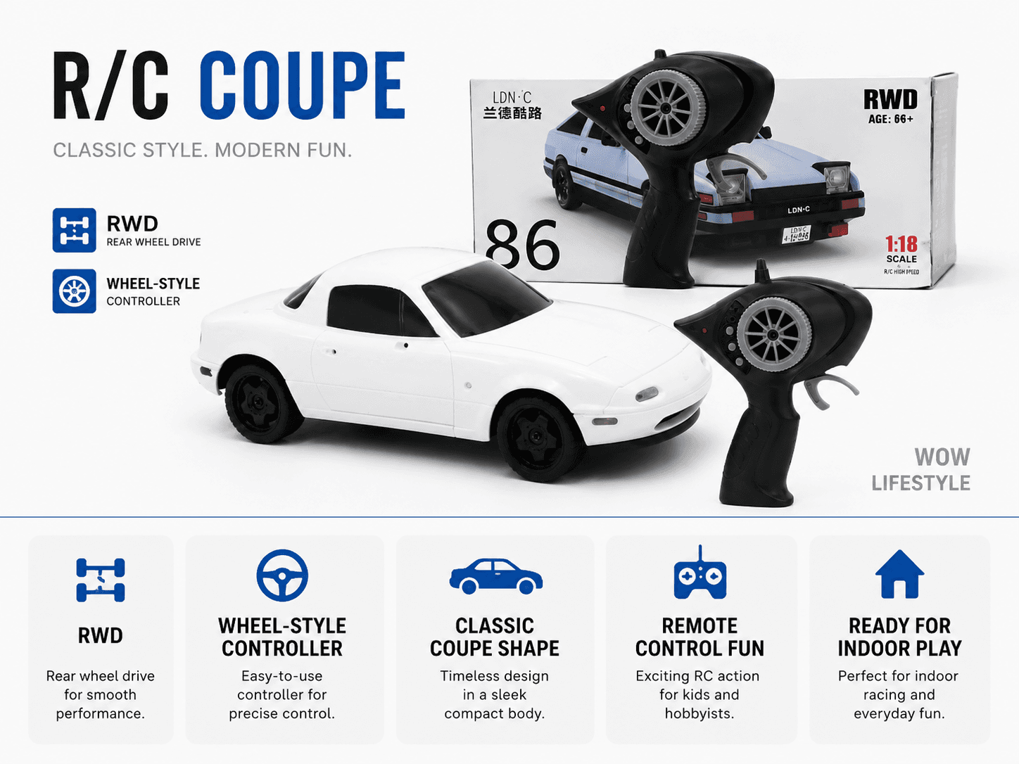 LDR-C 1:18 RC Drift Car MX5 — Pop-Up Headlights, White — view 4