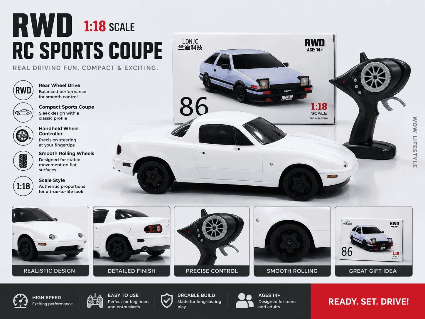 LDR-C 1:18 RC Drift Car MX5 — Pop-Up Headlights, White — view 5