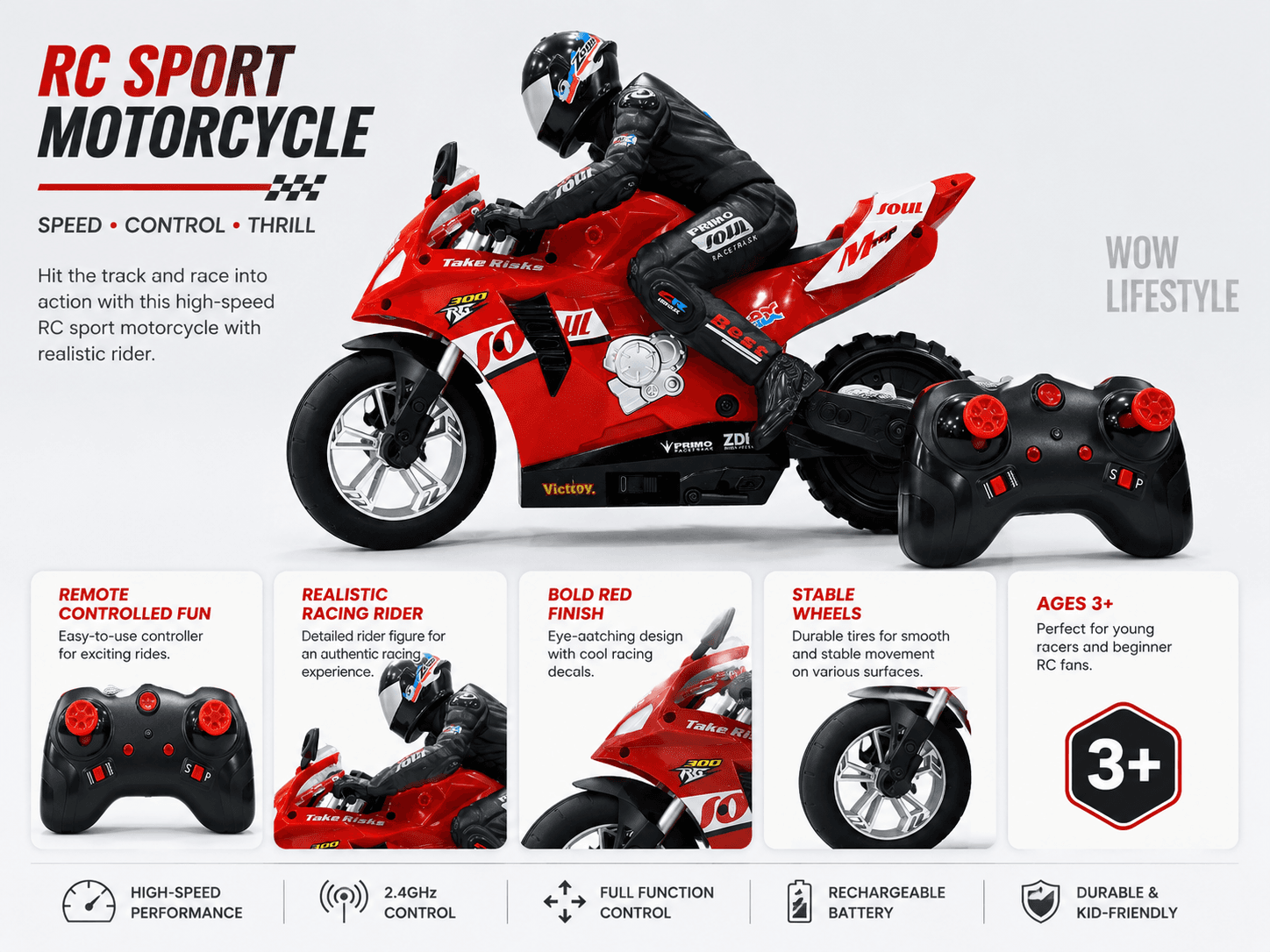 RC Sports Stunt Motorcycle 1:6 — Self-Balancing, 20km/h — view 5