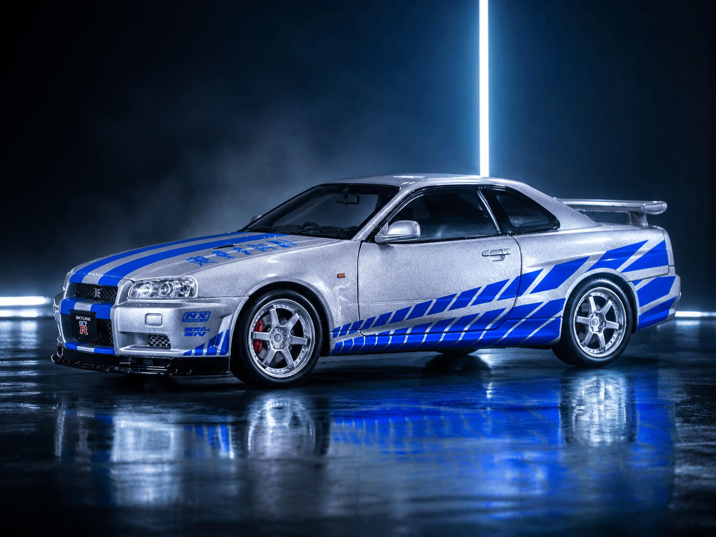 SR Toys 1:24 Nissan Skyline GT-R R34 Diecast — Silver & Blue