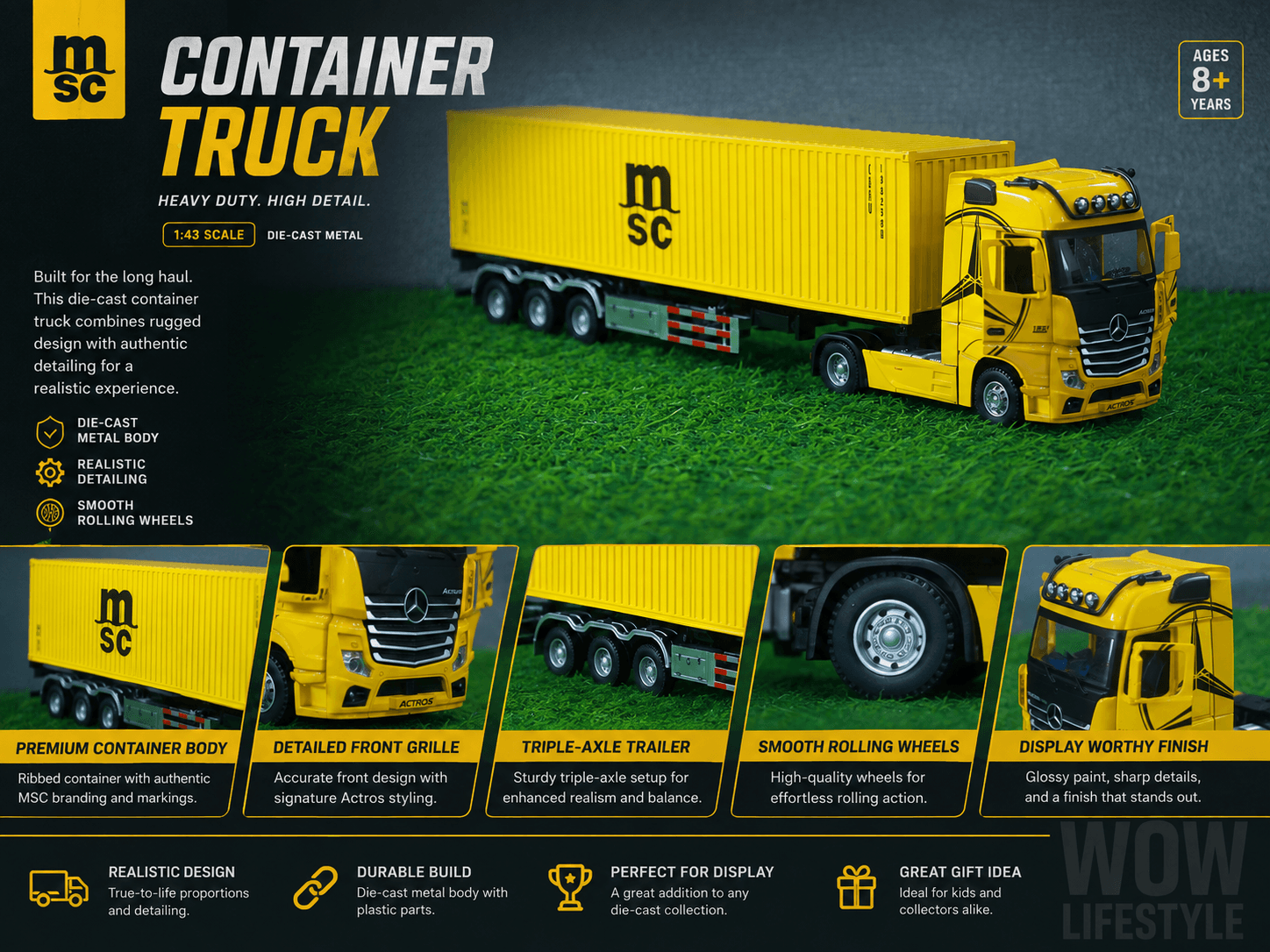 Mercedes-Benz Actros MSC Container Truck, 1:64 Diecast (Bright Yellow)