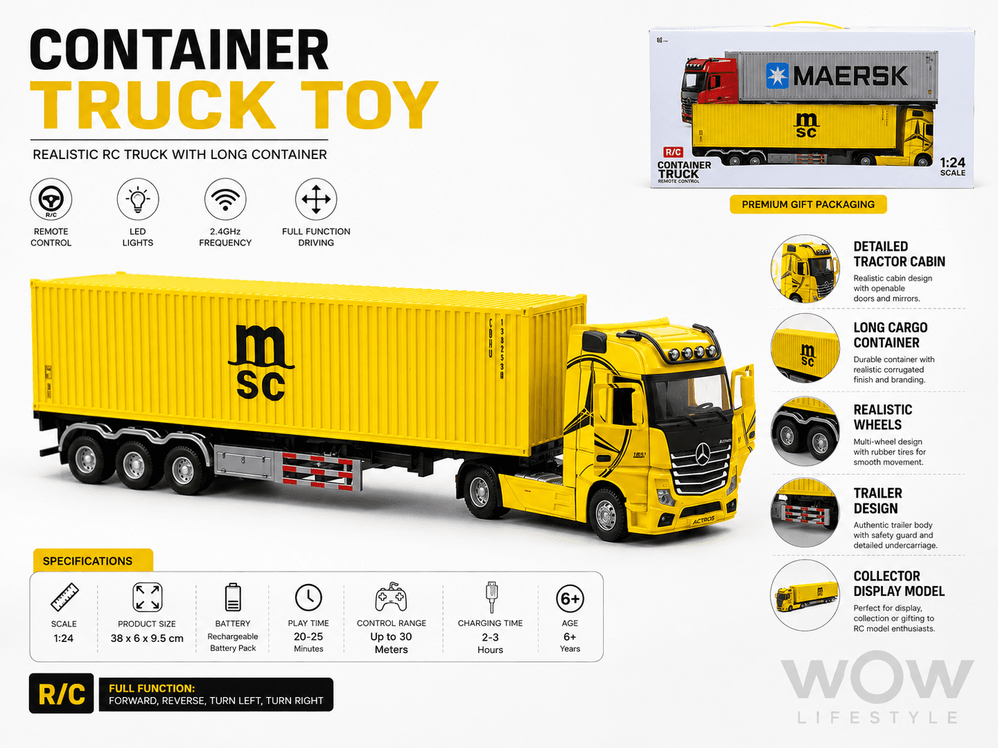 Mercedes-Benz Actros MSC Container Truck, 1:64 Diecast (Bright Yellow) — view 4