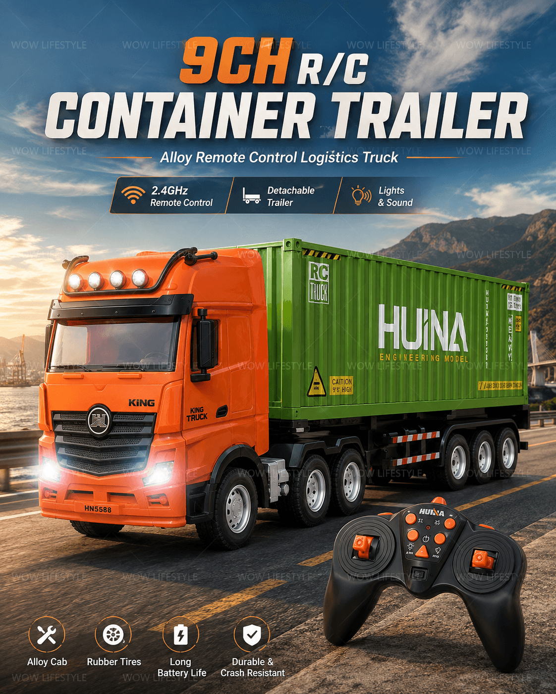 HUINA 1317 9-Channel RC Container Truck — Detachable Cab, Alloy Front