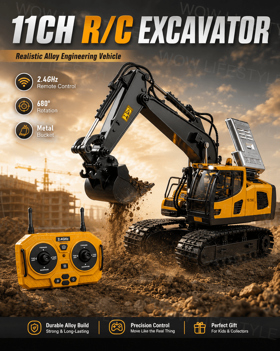 YIGONG YG231C 11-Channel RC Excavator 1:20 — Black Boom, 680° Rotation
