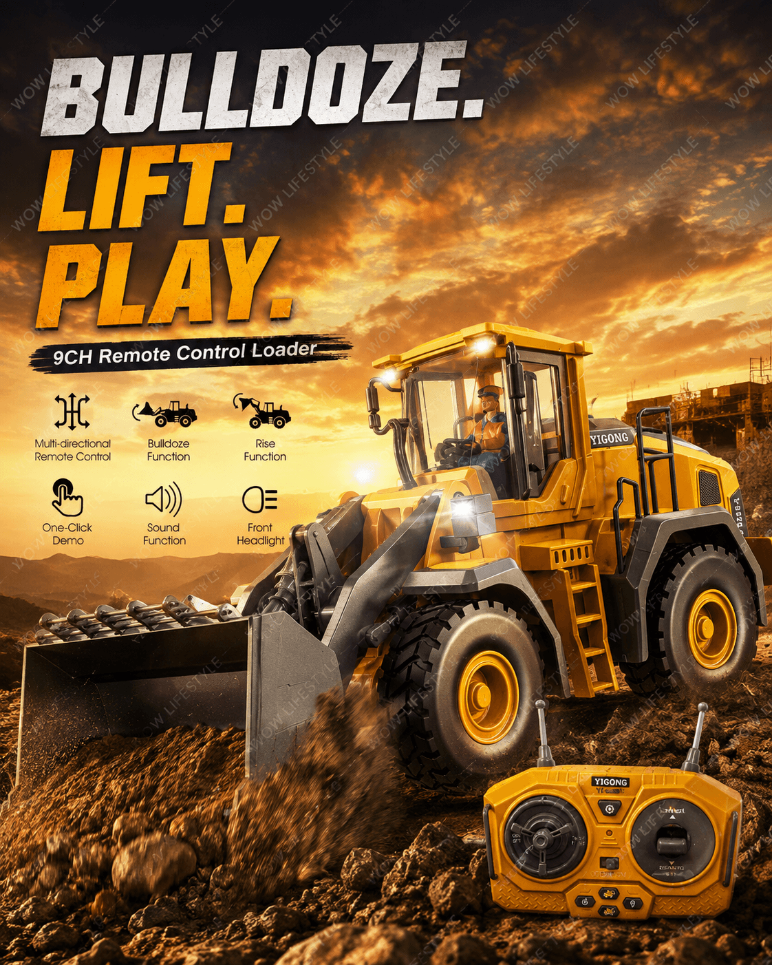 YIGONG 9-Channel RC Alloy Bulldozer / Wheel Loader — 2.4GHz