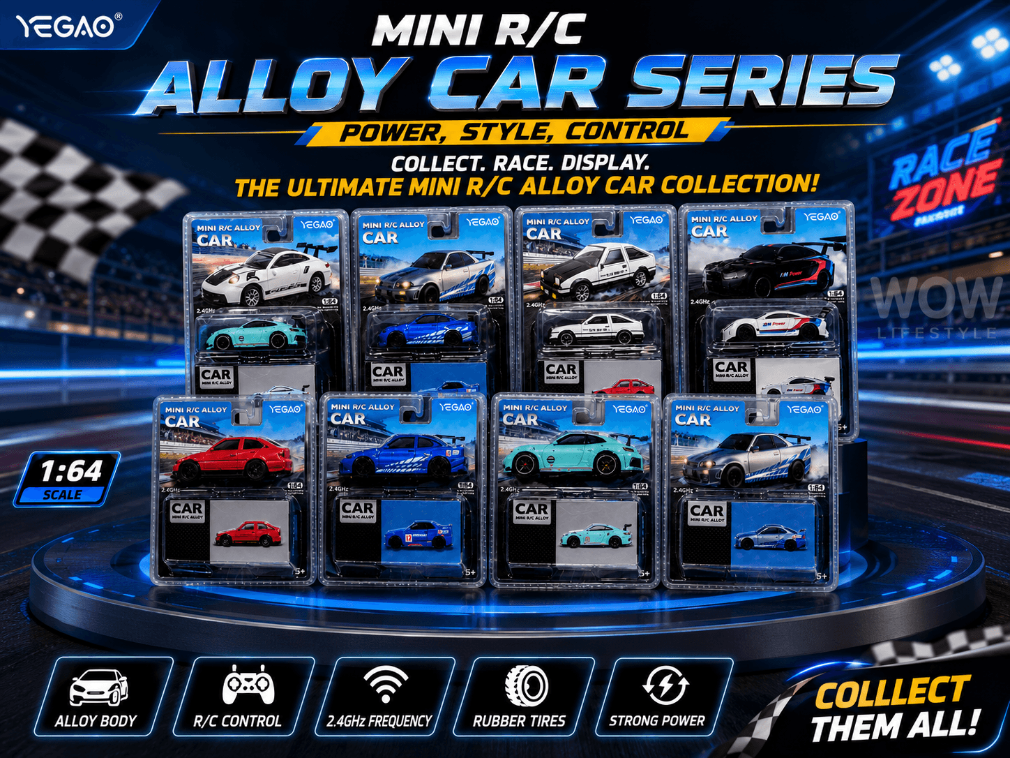 YEGAO Mini Drift 1:64 Alloy RC Car — 4 Models × 2 Colours, 8 Blisters — view 1
