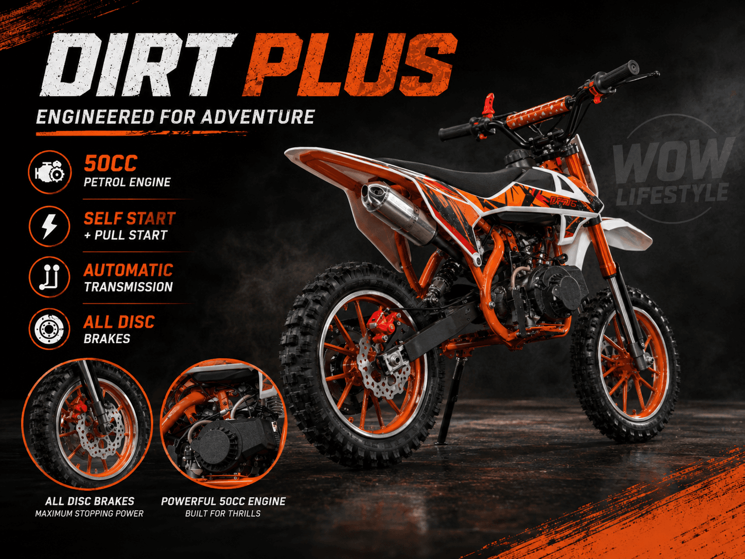 Dirt Plus 50cc 2-Stroke Petrol Kids Dirt Bike — Orange — view 5