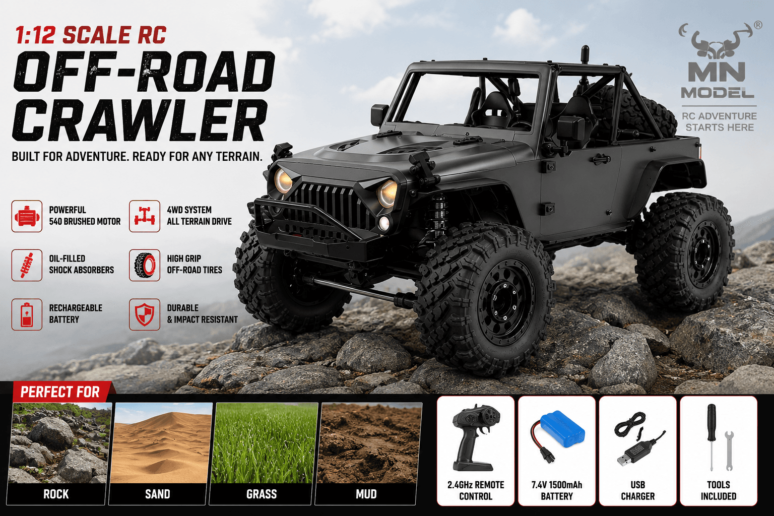 MJX Hyper Go H12Y 1/12 4WD Brushless RC Crawler — Titanium — view 6