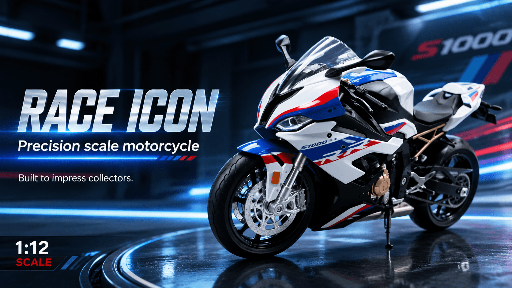 Tarak BMW S1000RR Die-Cast Motorcycle 1:12 — White/Blue/Red