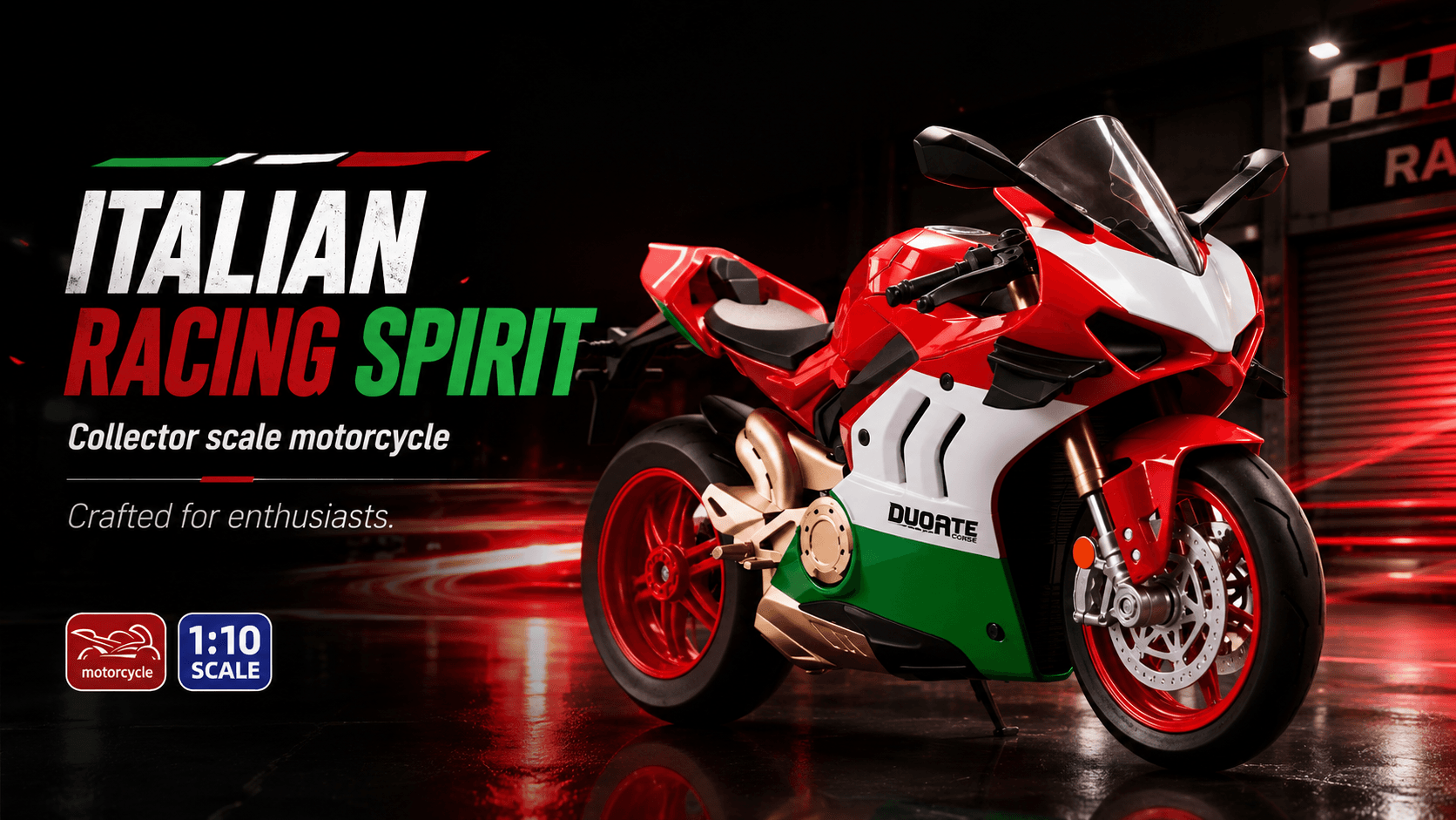 PLUSPOINT Diecast Motorcycle 1:10 — Ducati-Style Red/White/Green