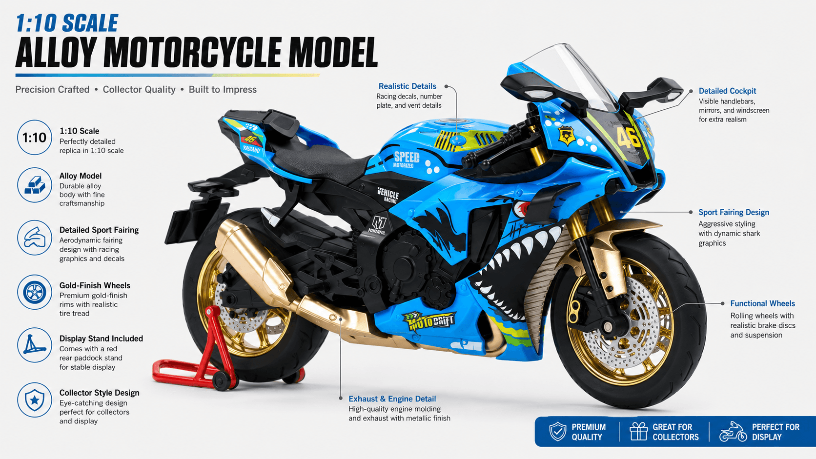 PLUSPOINT Diecast R1M Motorcycle 1:10 — Blue Shark Edition