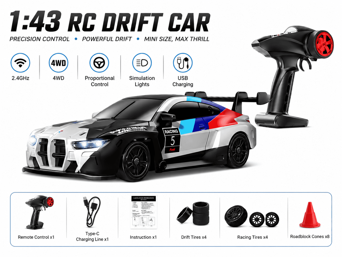 M-Racing BMW M4 GT 4WD RC Drift Car — Tri-Colour M-Power Livery #5, 2.4 GHz, 14+ — view 4