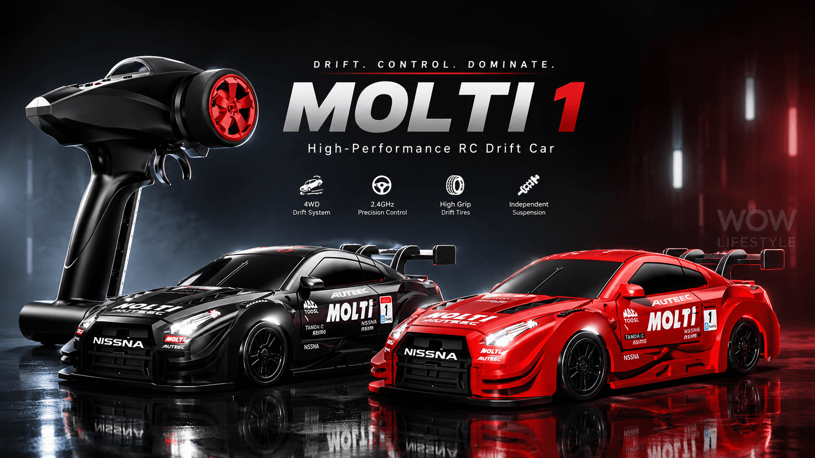 MOLTI Nissan GT-R 4WD RC Drift Car — 2.4 GHz Pistol Grip, Black / Red 2 Colours, 14+ — view 1
