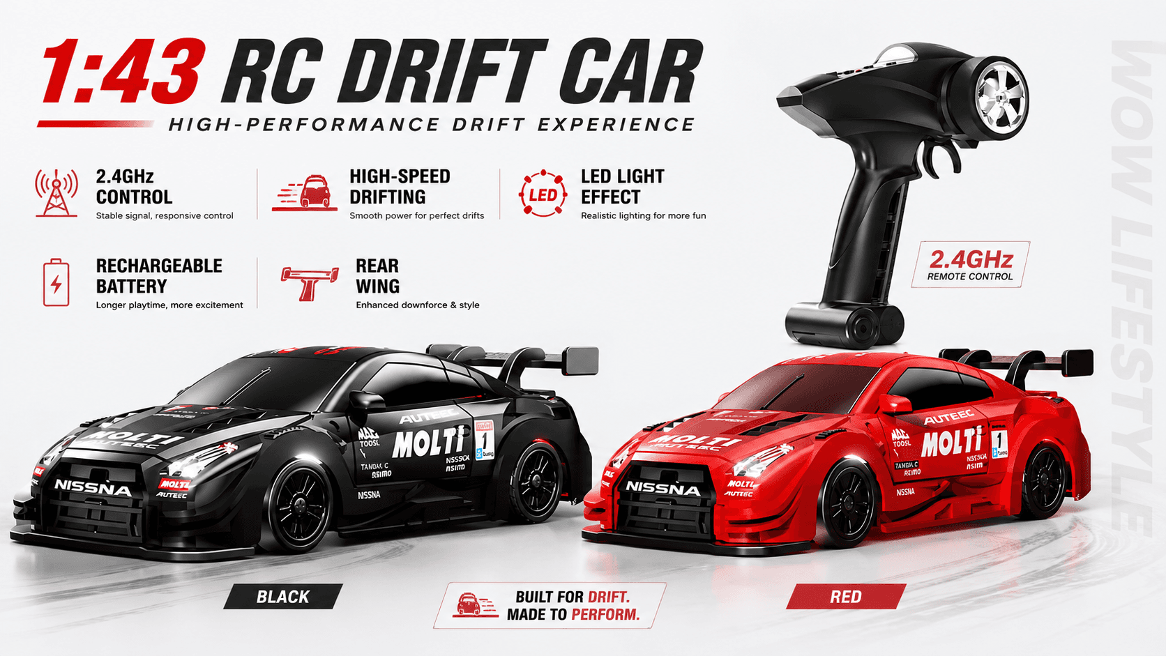 MOLTI Nissan GT-R 4WD RC Drift Car — 2.4 GHz Pistol Grip, Black / Red 2 Colours, 14+ — view 5