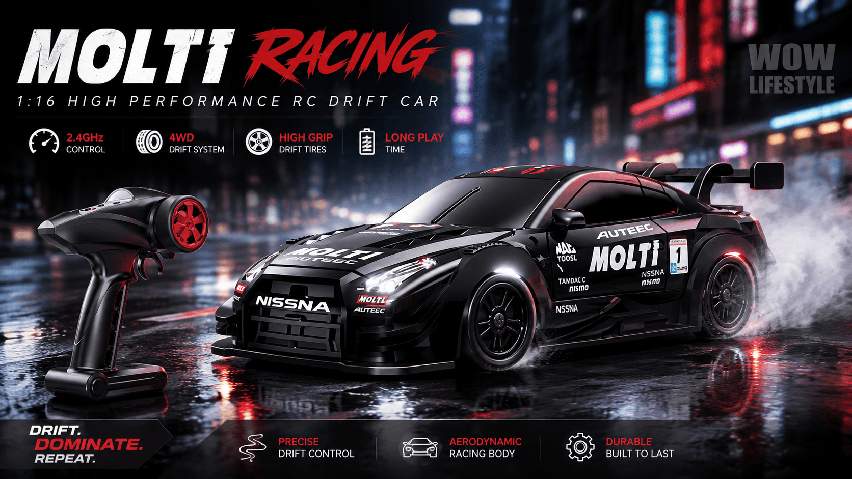 MOLTI Nissan GT-R 4WD RC Drift Car — 2.4 GHz Pistol Grip, Black / Red 2 Colours, 14+ — view 7