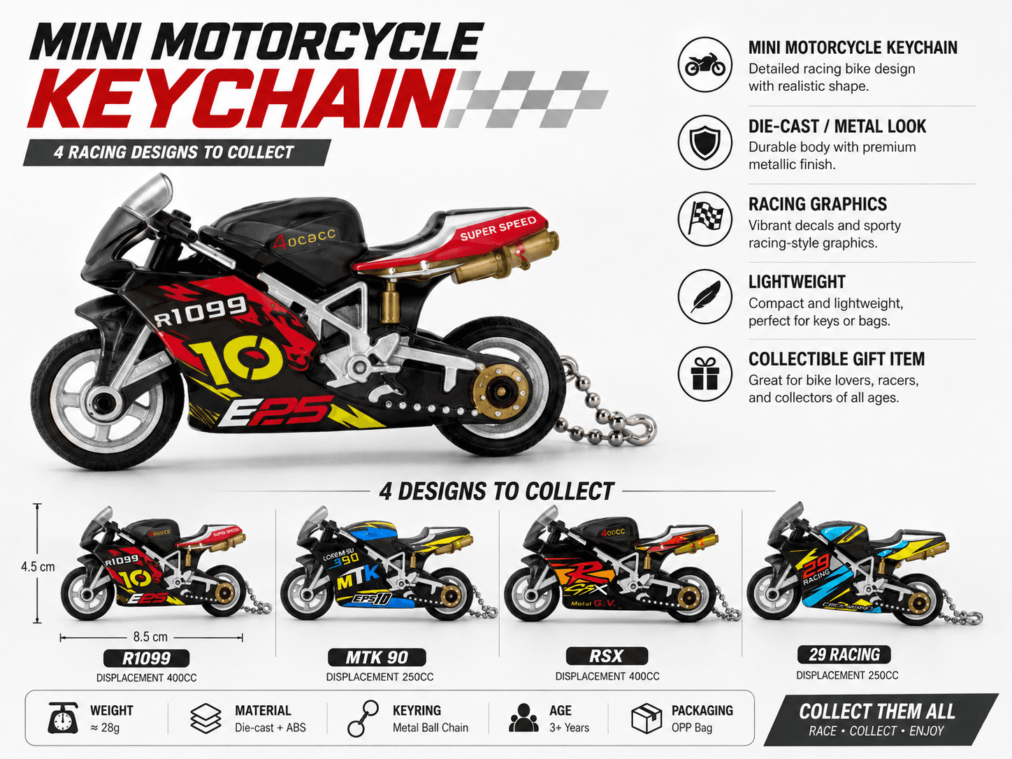 Mini Sport Motorcycle Keychain — Die-Cast Fire Racing Bikes