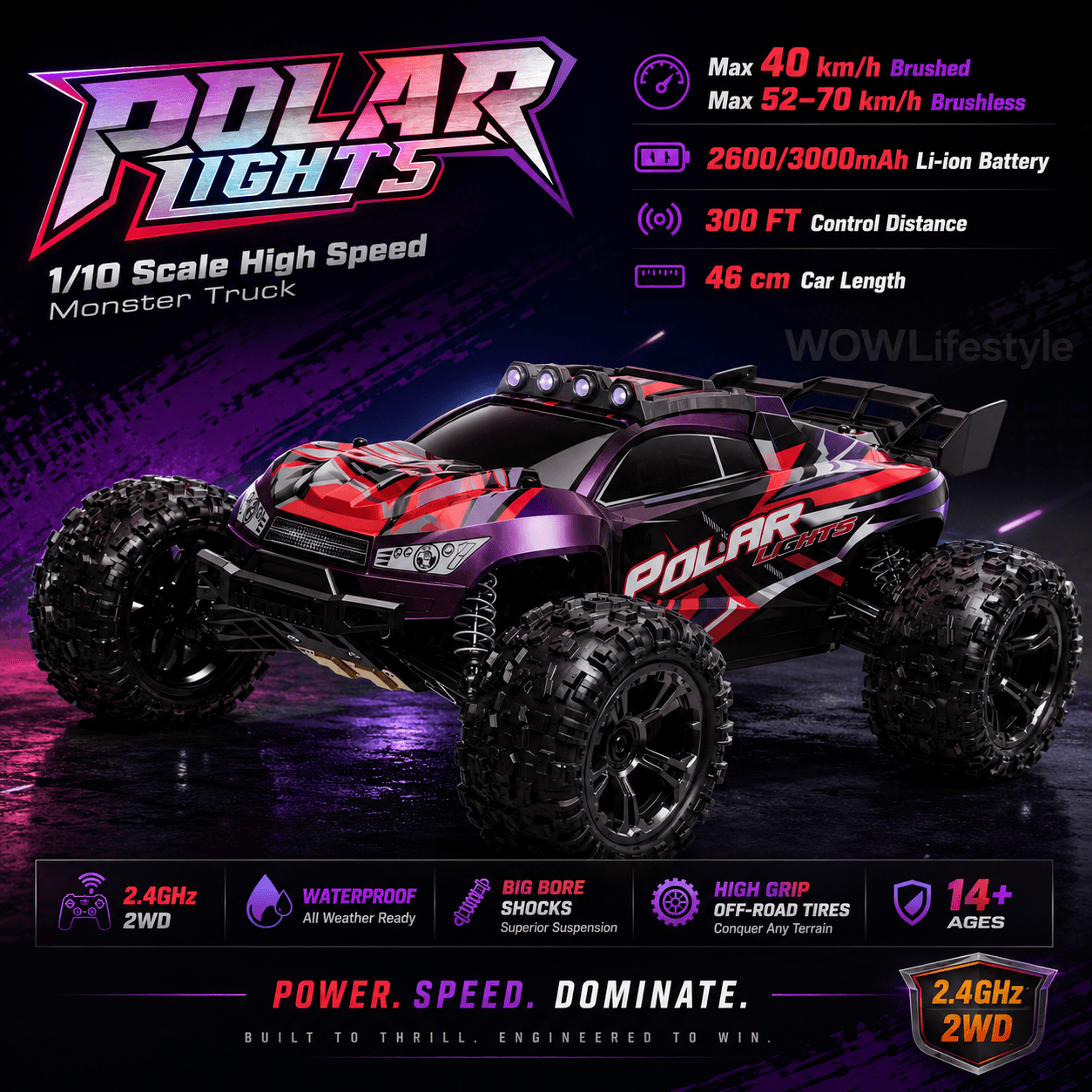 HOSPEED Polar Lights 1/10 4WD Monster Truck — 46 cm, Brushed 40 km/h or Brushless 52–70 km/h, 14+ — view 5