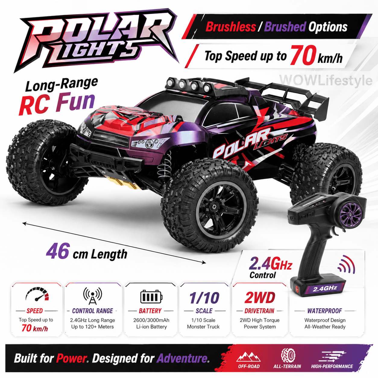 HOSPEED Polar Lights 1/10 4WD Monster Truck — 46 cm, Brushed 40 km/h or Brushless 52–70 km/h, 14+ — view 6
