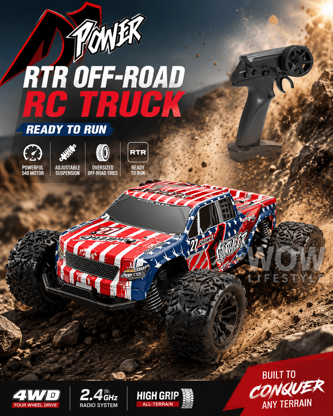 Wild Hunt S777 1:20 4WD RC Monster Truck — USA-Flag Livery, 20+ km/h, RTR, 8+ — view 1
