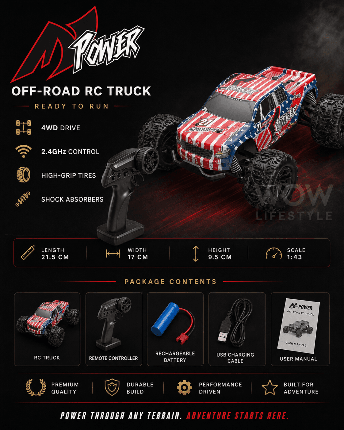 Wild Hunt S777 1:20 4WD RC Monster Truck — USA-Flag Livery, 20+ km/h, RTR, 8+ — view 4