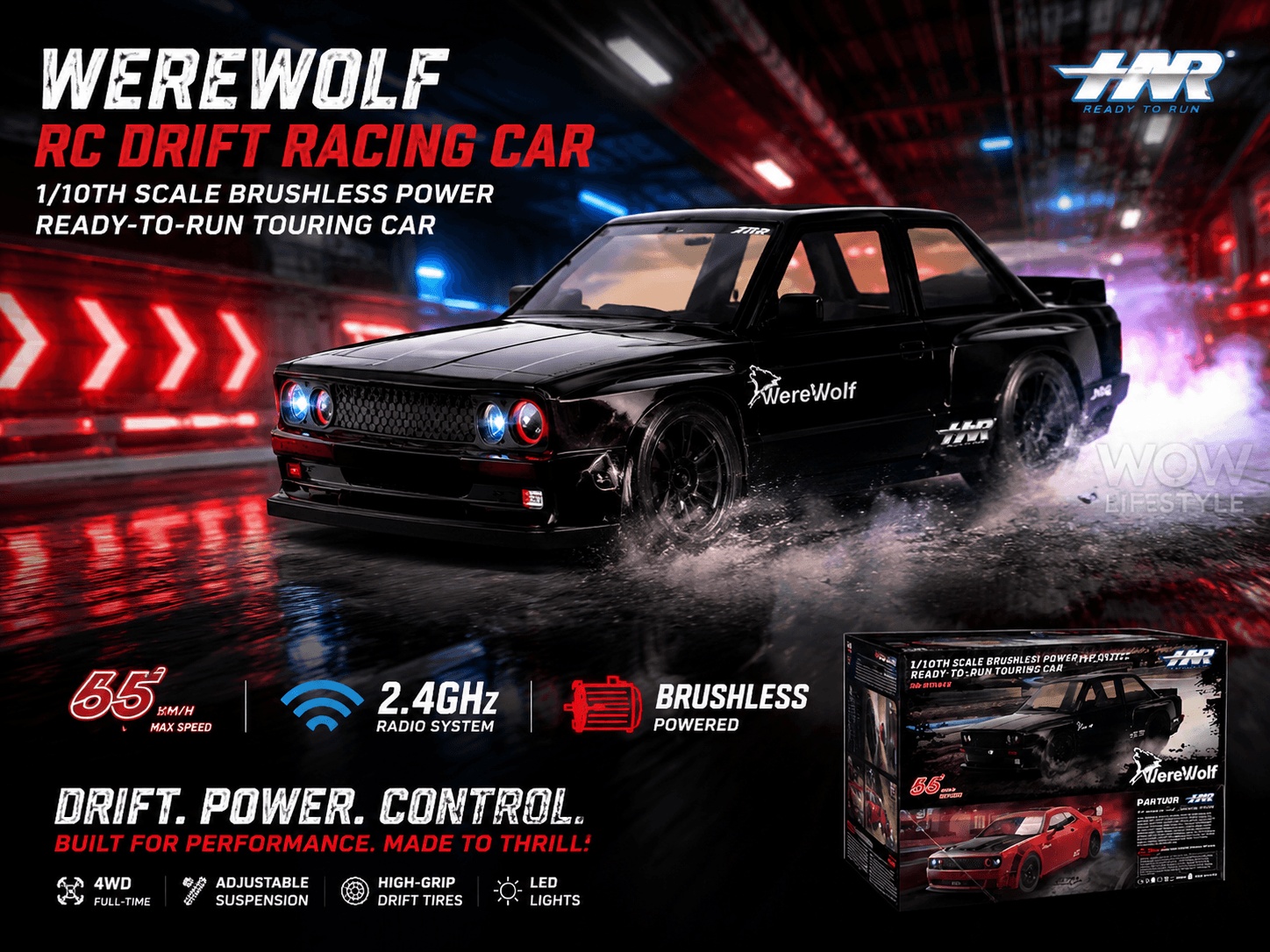 HNR H9802 Werewolf 1/10 4WD Brushless RTR Drift Car — BMW E30 Style, Black, 56+ mph, 14+ — view 6
