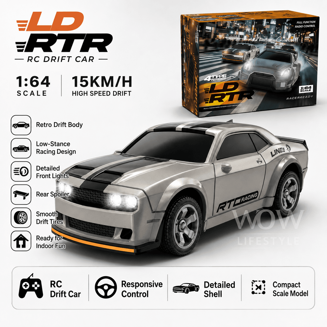 LD 1:64 Mini RC Drift Car — Dodge Challenger, 15 km/h 2.4 GHz Full Proportional — view 4