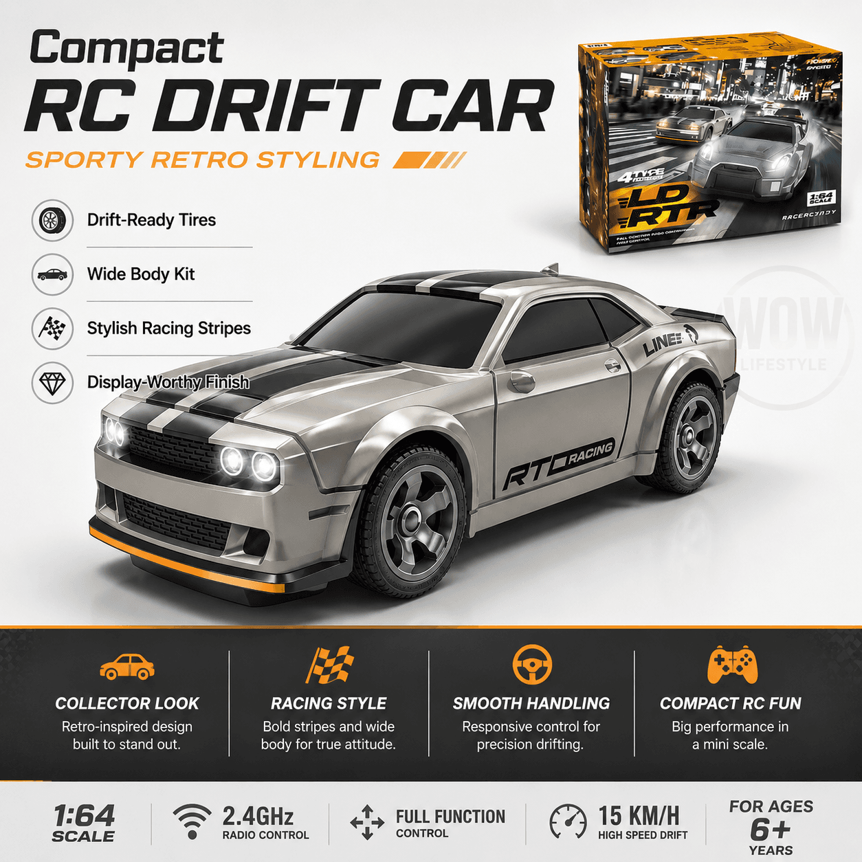LD 1:64 Mini RC Drift Car — Dodge Challenger, 15 km/h 2.4 GHz Full Proportional — view 5