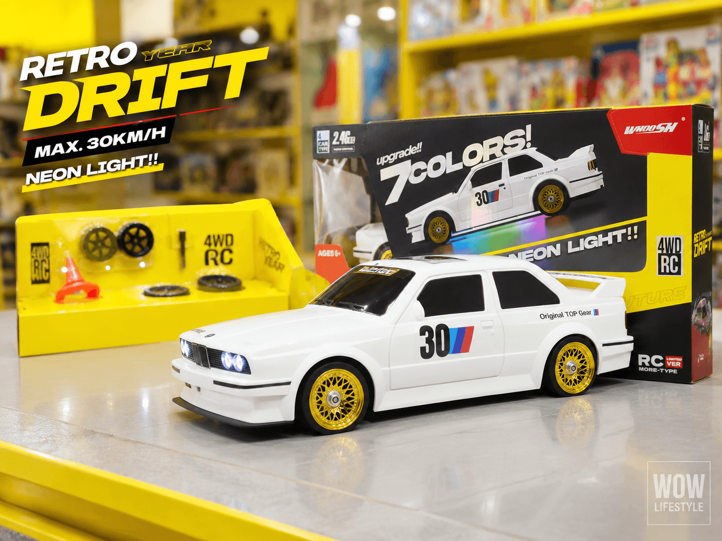 WHOOSH Retro Drift RC Car — BMW E30 M3 Style, 7-Colour Neon, 4WD, 6+ — view 1